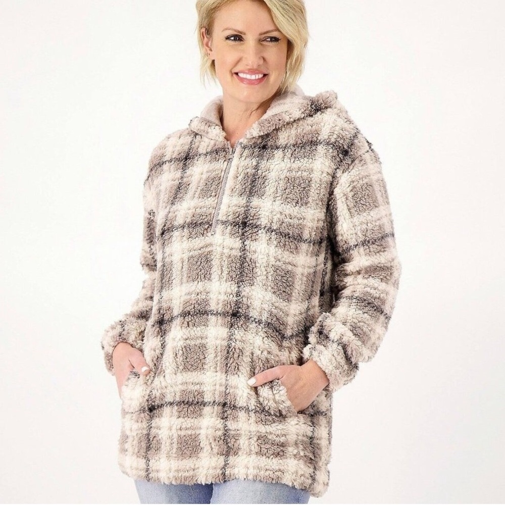 Koolaburra By UGG Women S Irish Cream Plaid Brushed Back Sherpa Hoodie Pullover